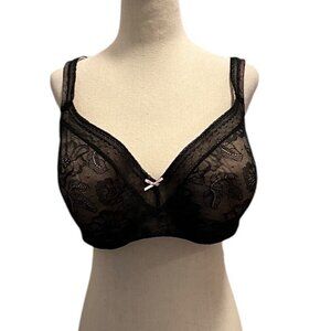 Cacique Lace Full Coverage Bra 46D Black With Floral Mesh Design & Bow Accent